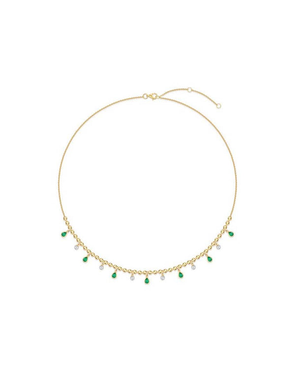 14K Gold Beaded Diamond Oval Emerald Charm Necklace