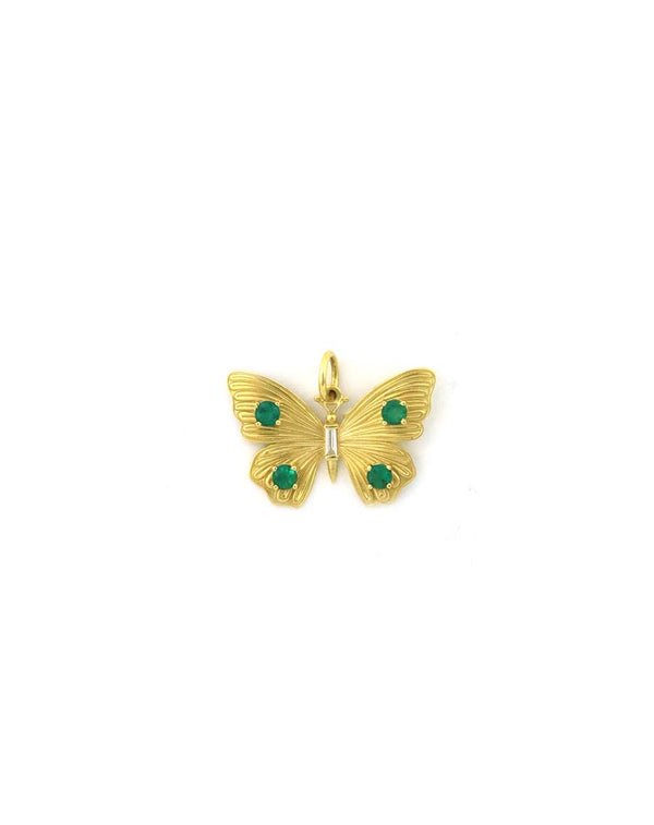 14K Gold Emerald Baguette Diamond Butterfly Charm