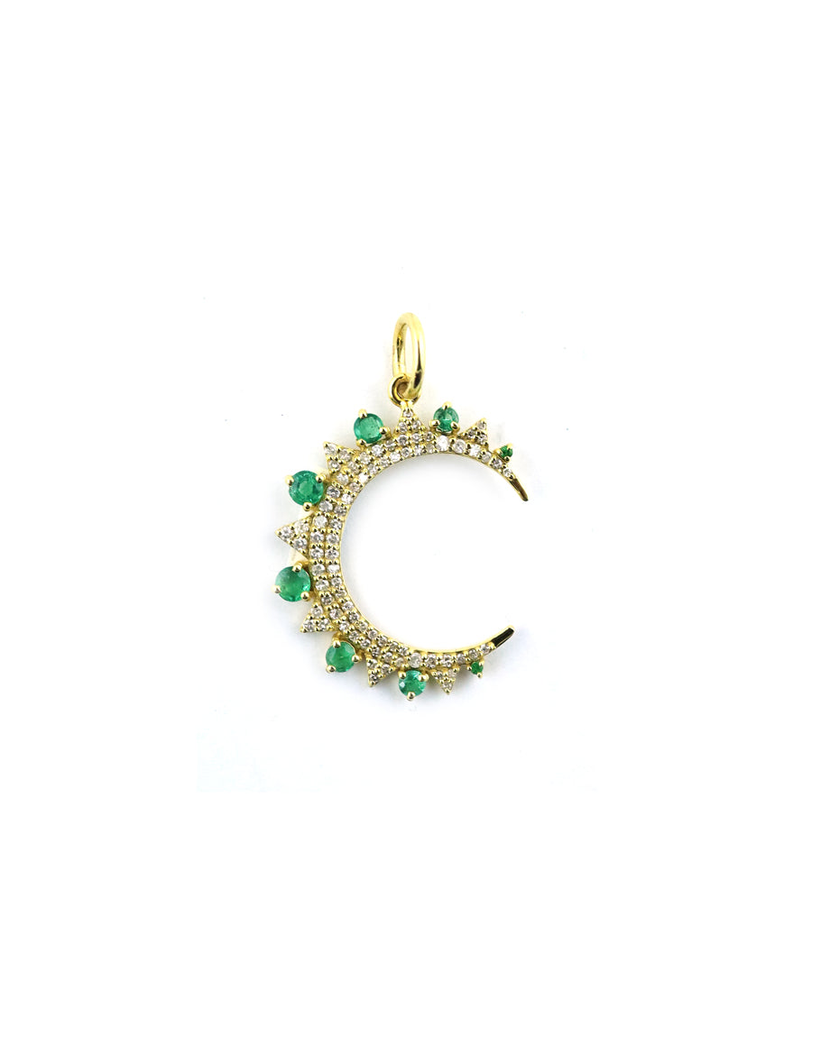 14K Gold Emerald & Diamond Crescent Moon Charm