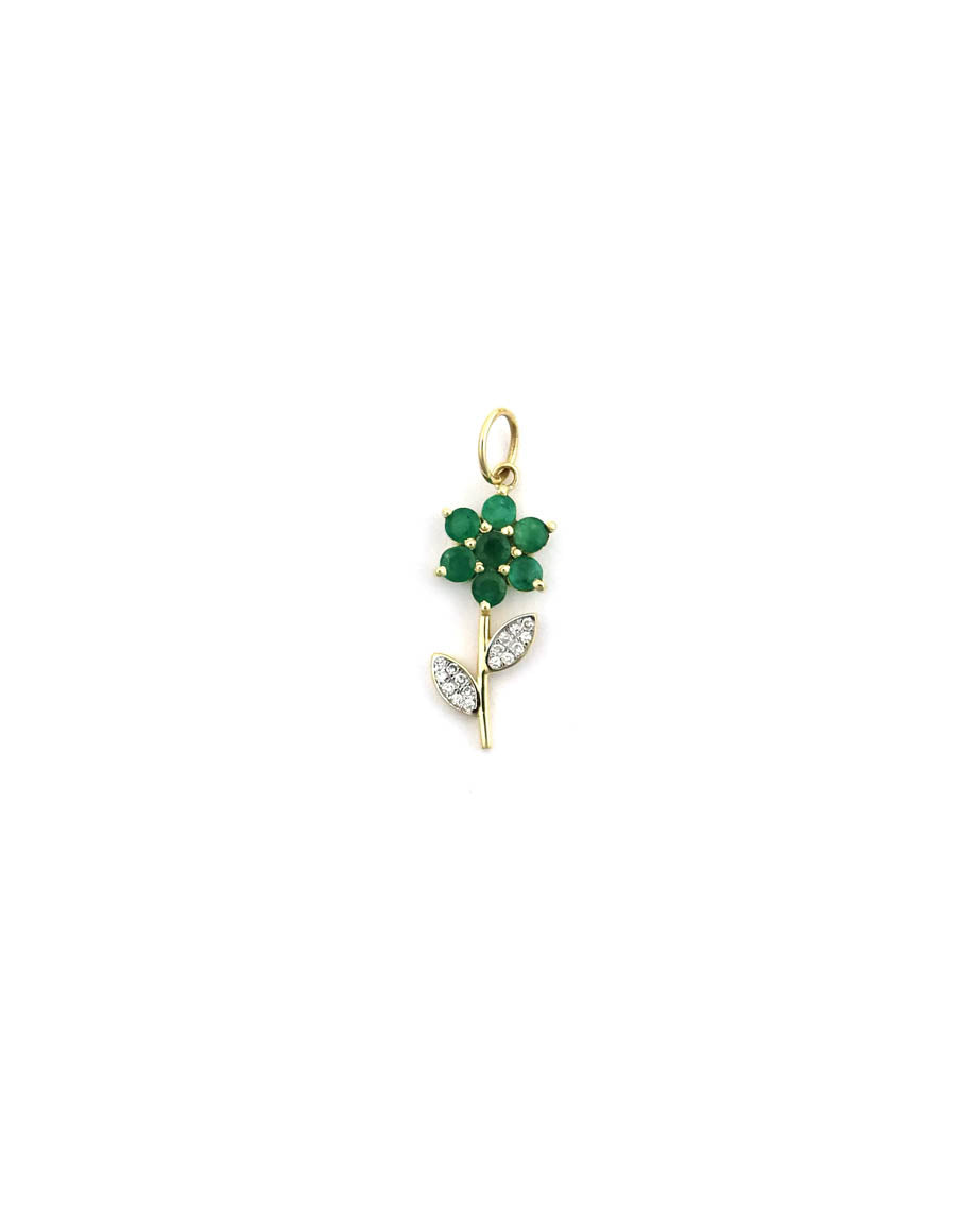 14K Gold Diamond Emerald Flower Stem Charm