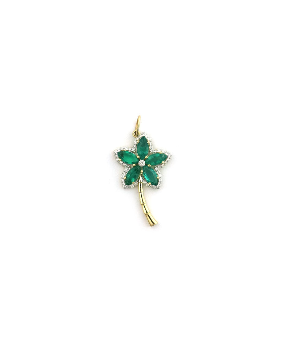14K Gold Diamond Emerald Flower Stem Charm