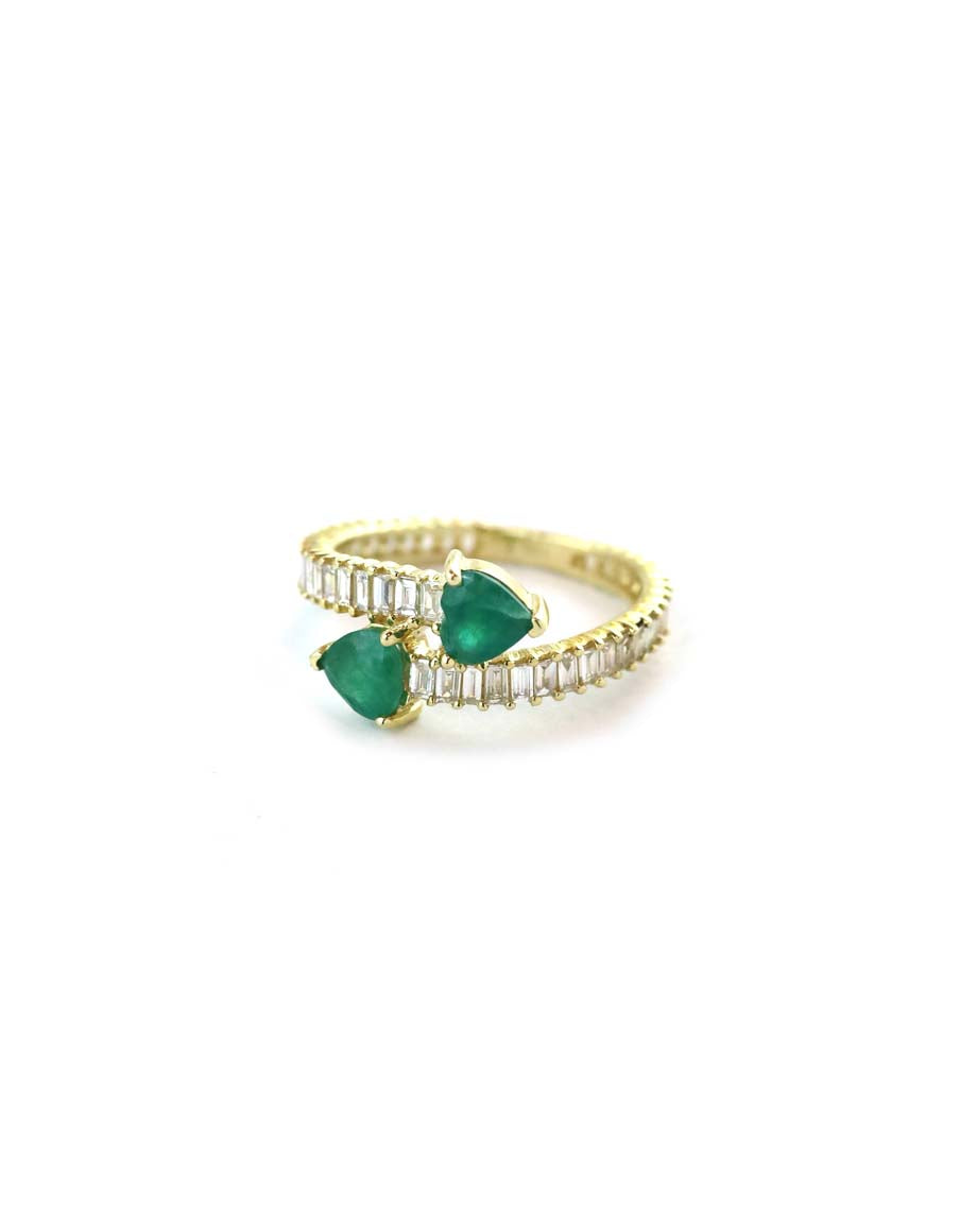 14K Gold Baguette Diamond Emerald Heart Wrap Ring