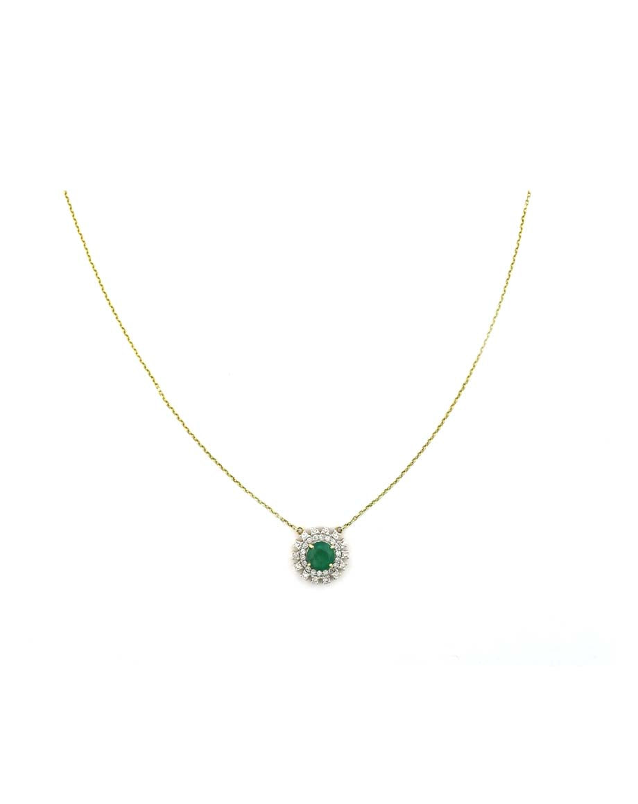 14K Gold Diamond Round Emerald Retro Necklace