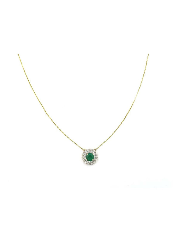 14K Gold Diamond Round Emerald Retro Necklace