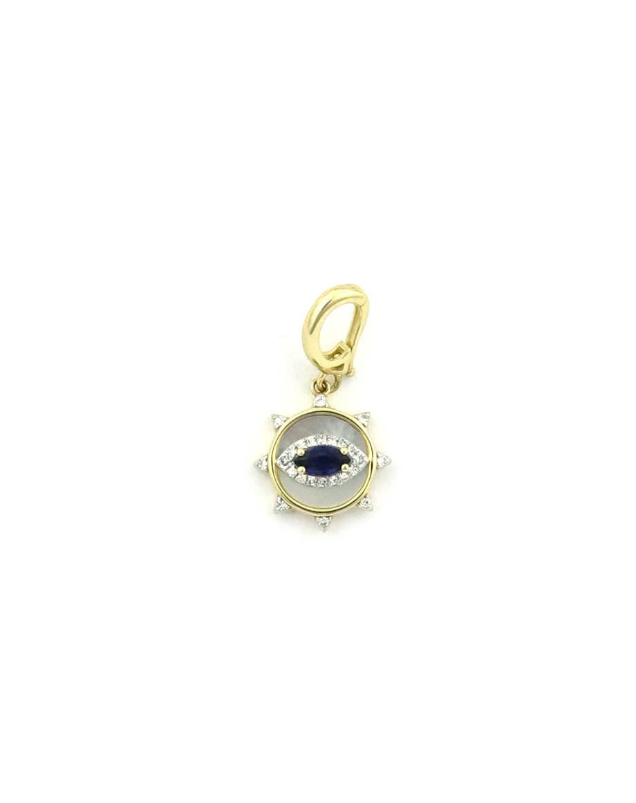14K Gold Mother of Pearl Sapphire Evil Eye Sun Openable Bail Charm