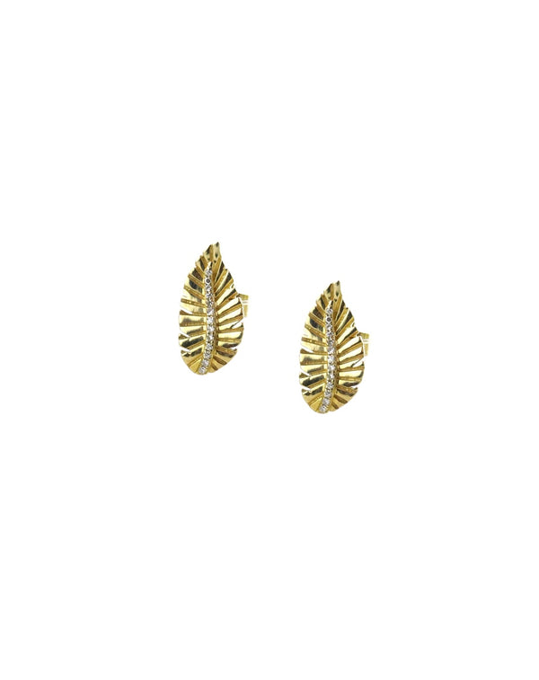 14K Gold Textured Diamond Feather Studs