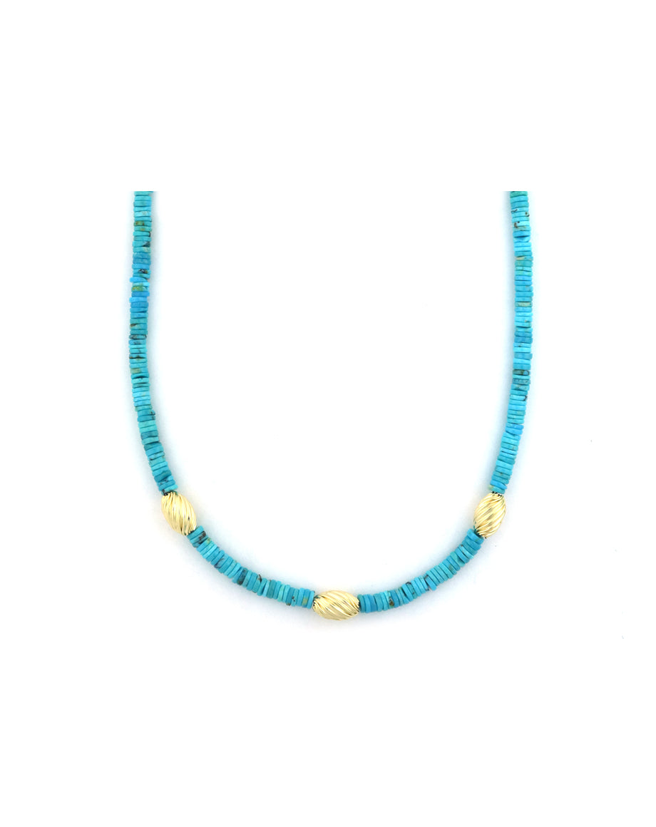 Gold Fluted Oval Rondelle Turquoise Heishi Necklace