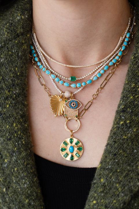 14K Matte Gold Emerald Turquoise Coin Charm