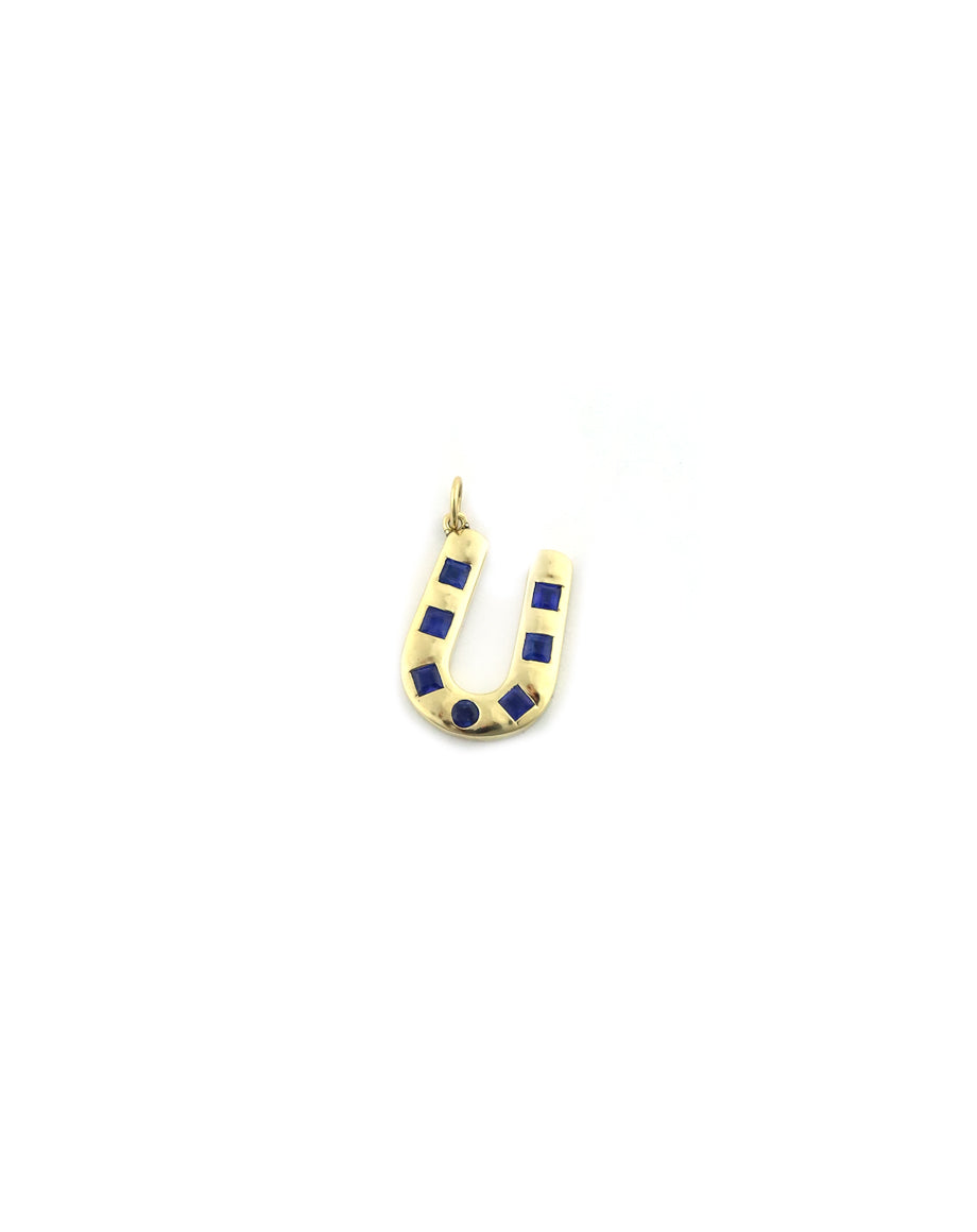 14K Gold Square Blue Sapphire HorseShoe Charm