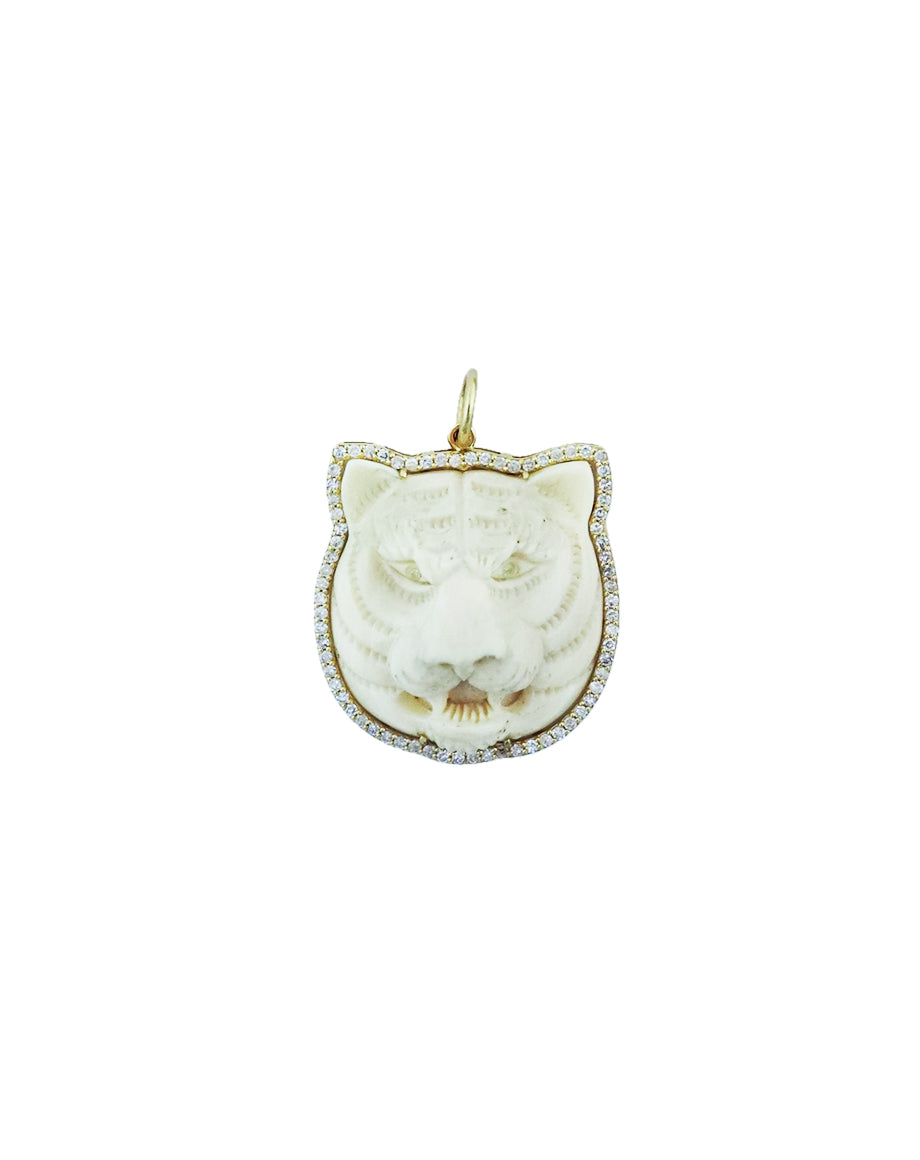 14K Gold Carved Mammoth Ivory Tiger Pendant