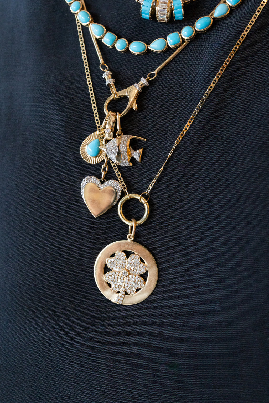 14K Gold Diamond Four Leaf Clover Disc Charm