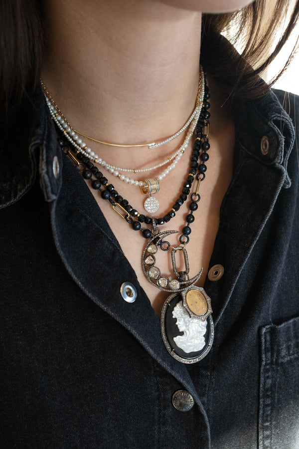 Large Silver Polki Diamond Crescent Moon Charm