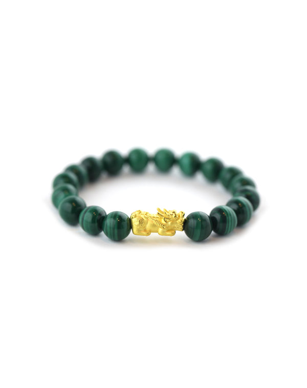 24K Gold Pixiu Malachite Stretchy Bracelet