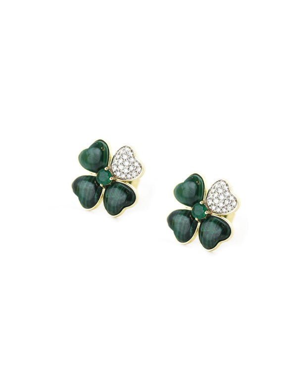 14K Gold Pave Diamond Leaf Malachite Clover Studs