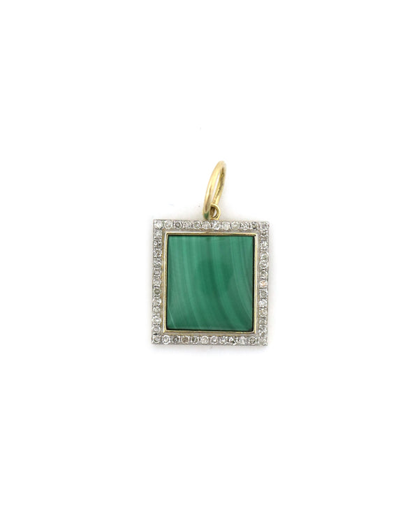 14K Gold Diamond Square Malachite Charm