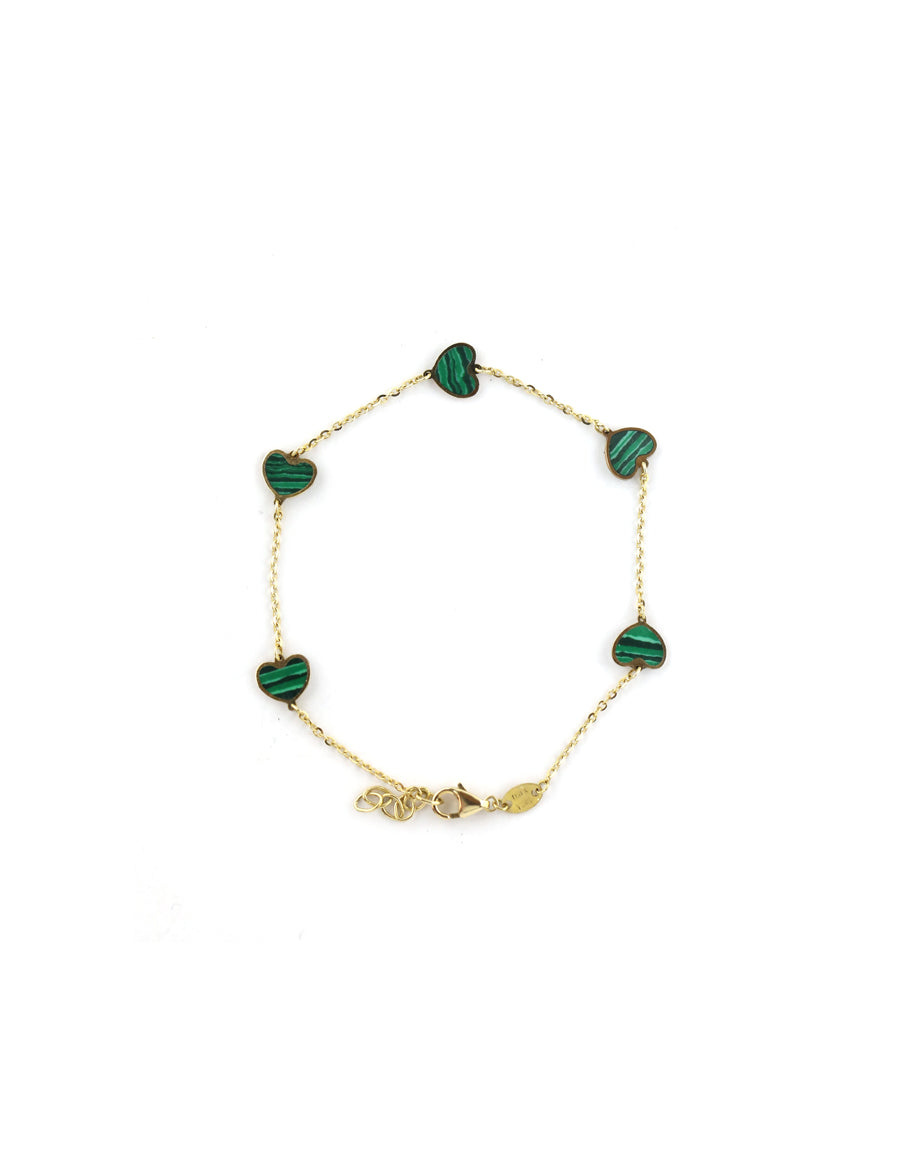 14K Malachite Inlay Heart Station Bracelet