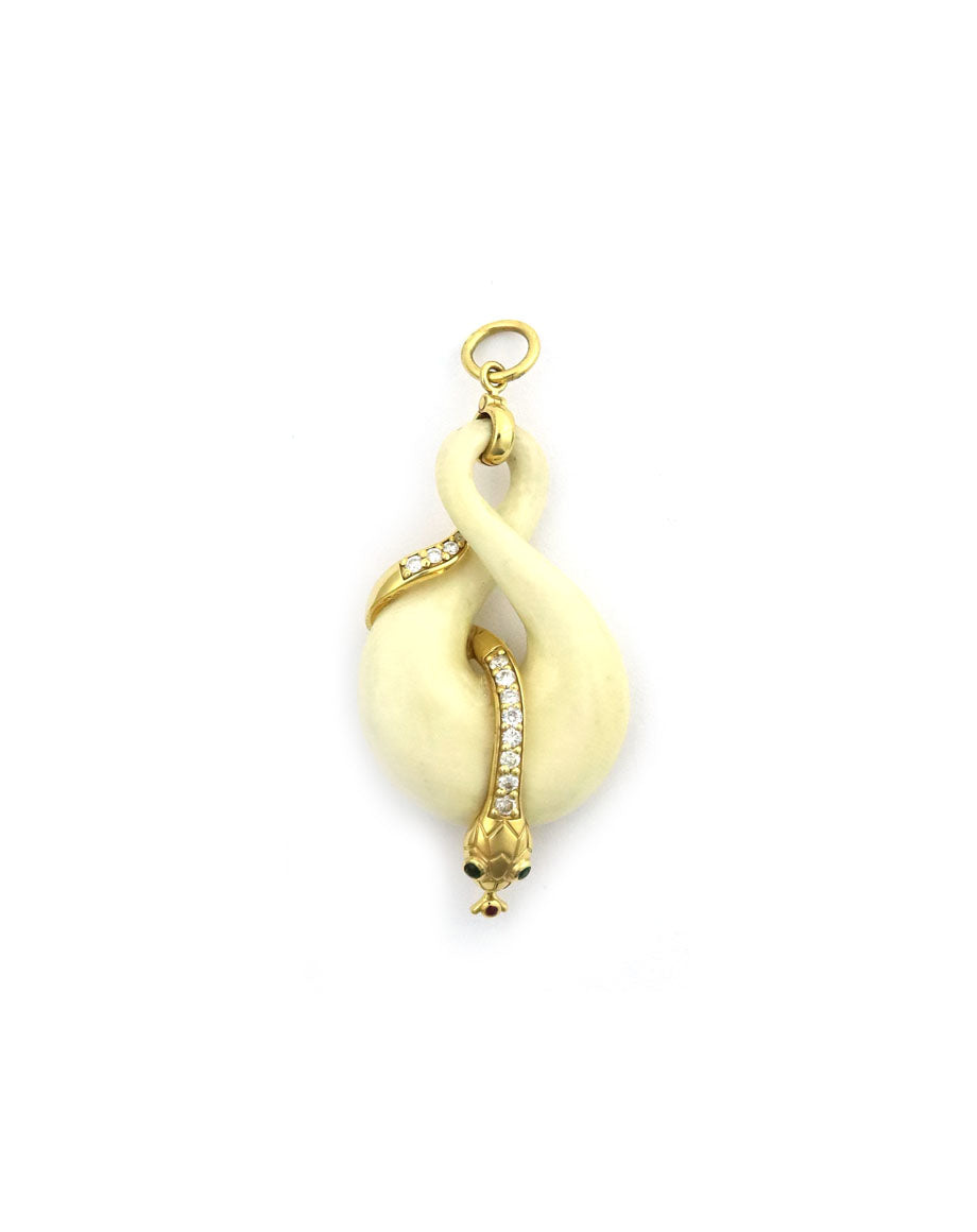 14K Gold Diamond Ivory Snake Pendant