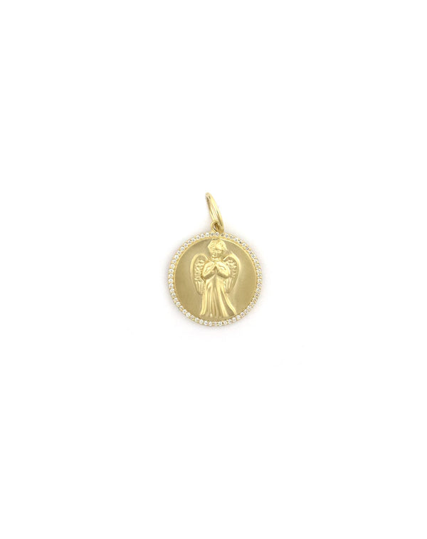 14K Matte Gold Diamond Angel Coin Charm
