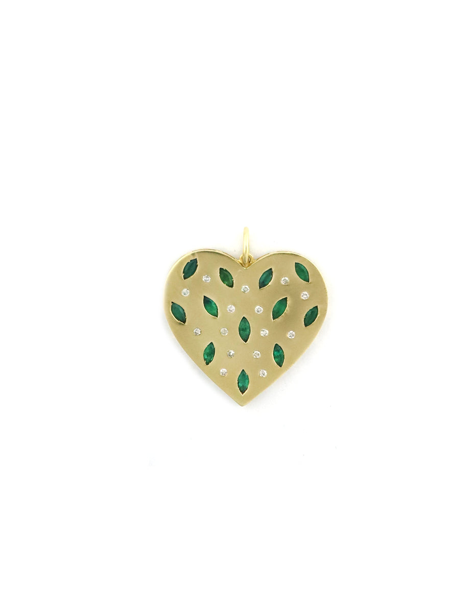 XL 14K Matte Gold Emerald & Diamond Heart Charm