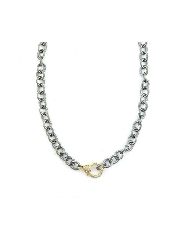 Large 14K Gold Diamond Lobster Lock & Matte Silver Link Necklace