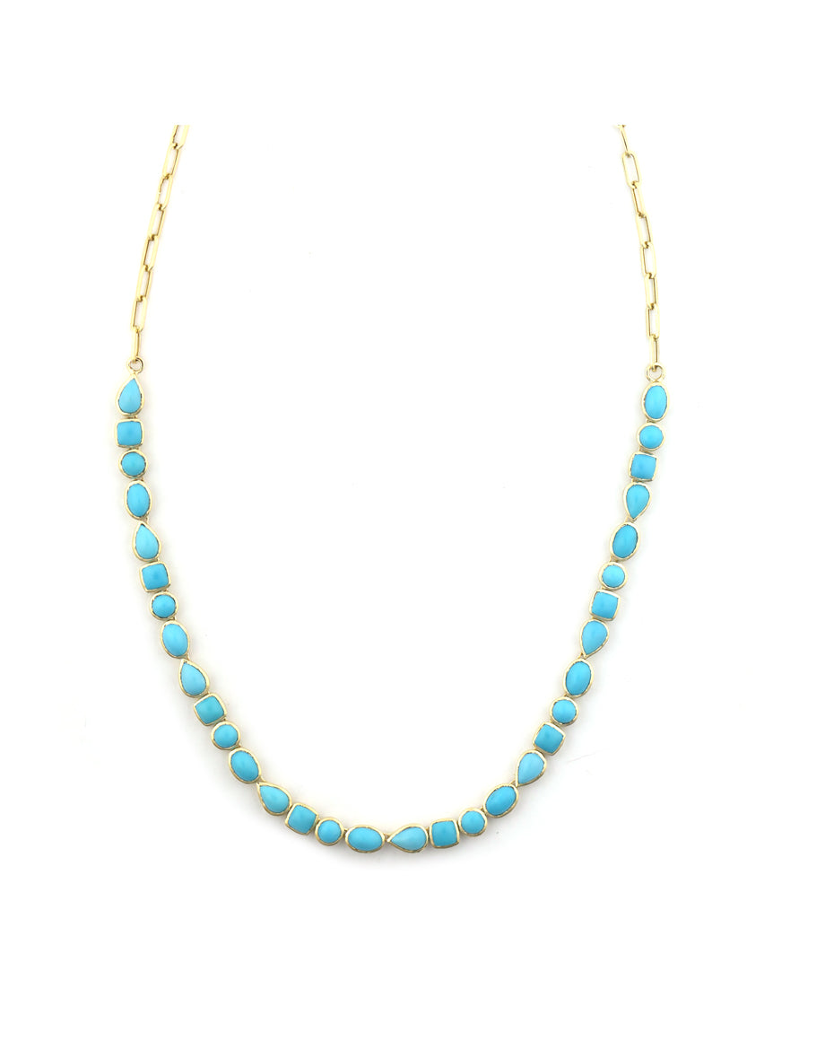 14K Gold Mix Shape Turquoise Paper Clip Tennis Necklace