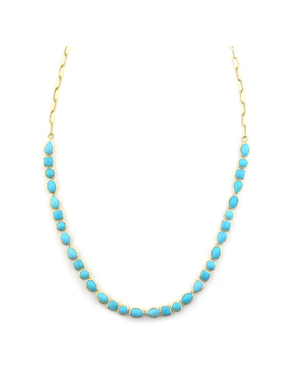 14K Gold Mix Shape Turquoise Paper Clip Tennis Necklace