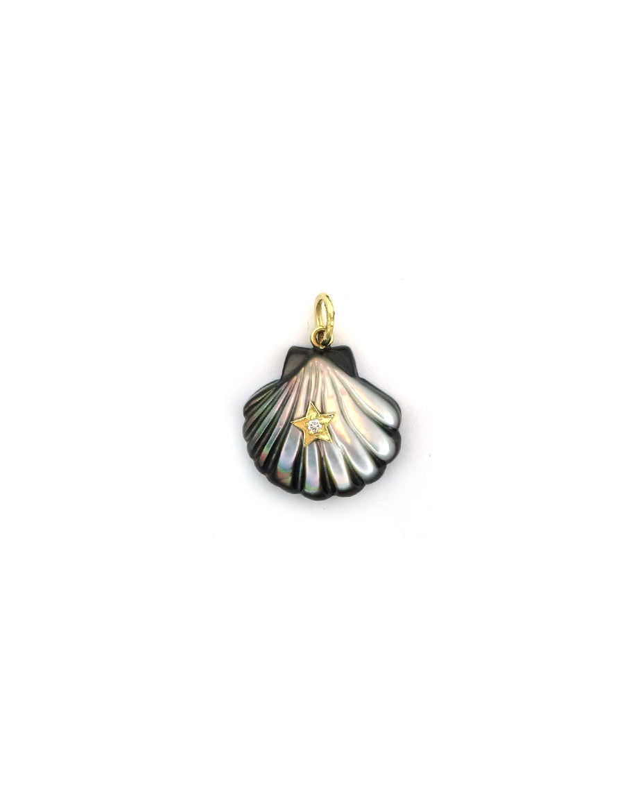 14K Gold Diamond Star Black Mother of Pearl Clam Charm