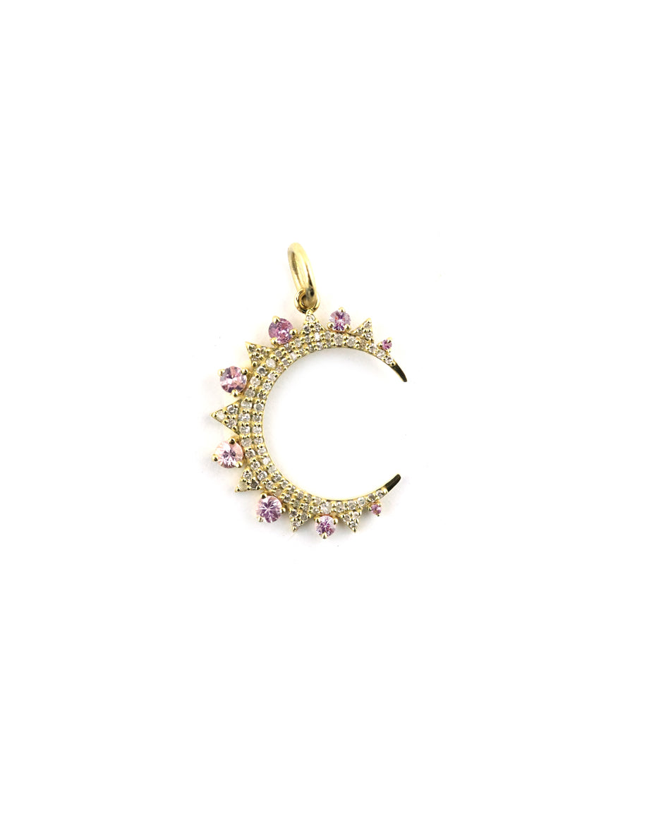 14K Gold Pink Sapphire & Diamond Crescent Moon Charm