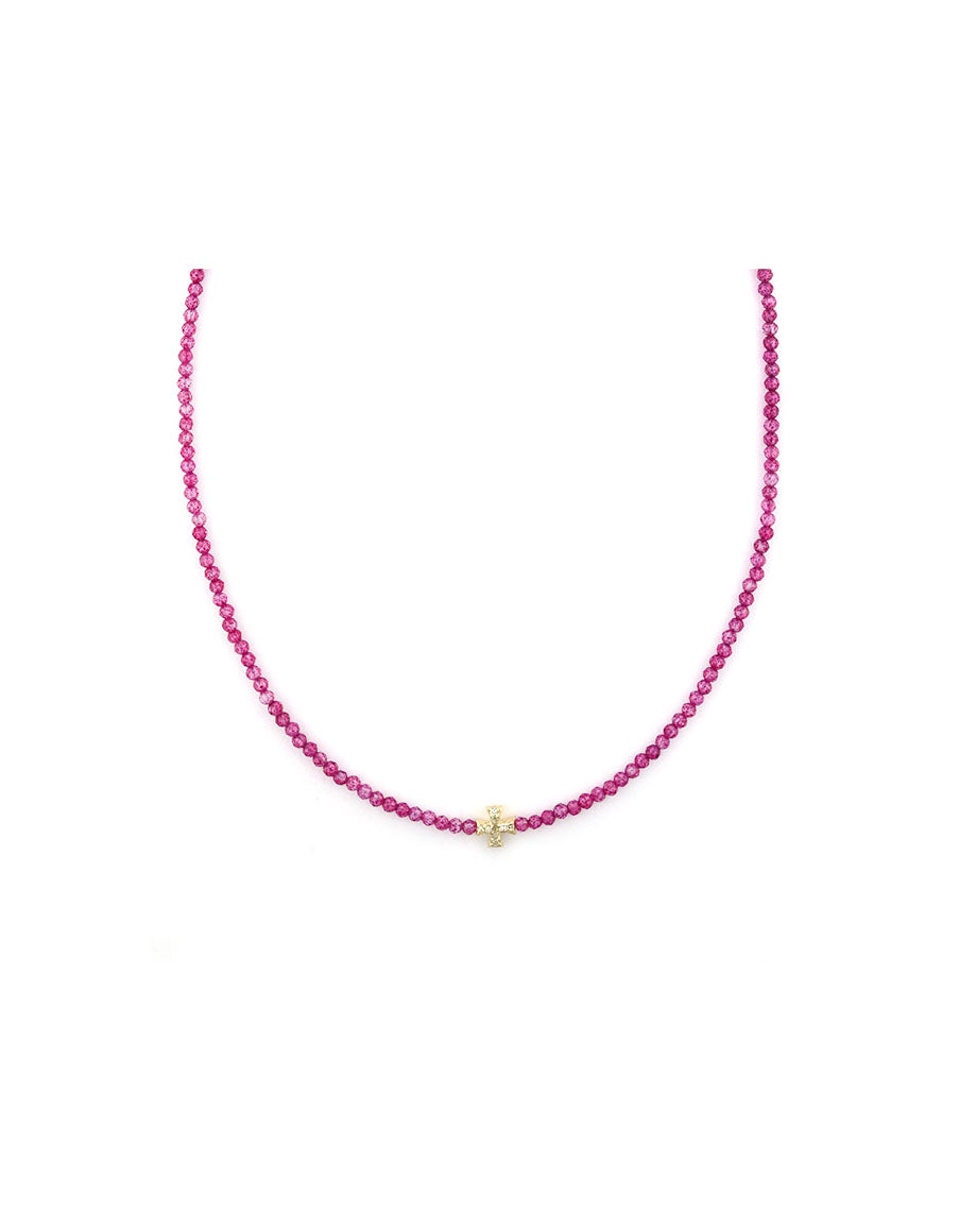 14K Mini Diamond Cross Pink Topaz Necklace