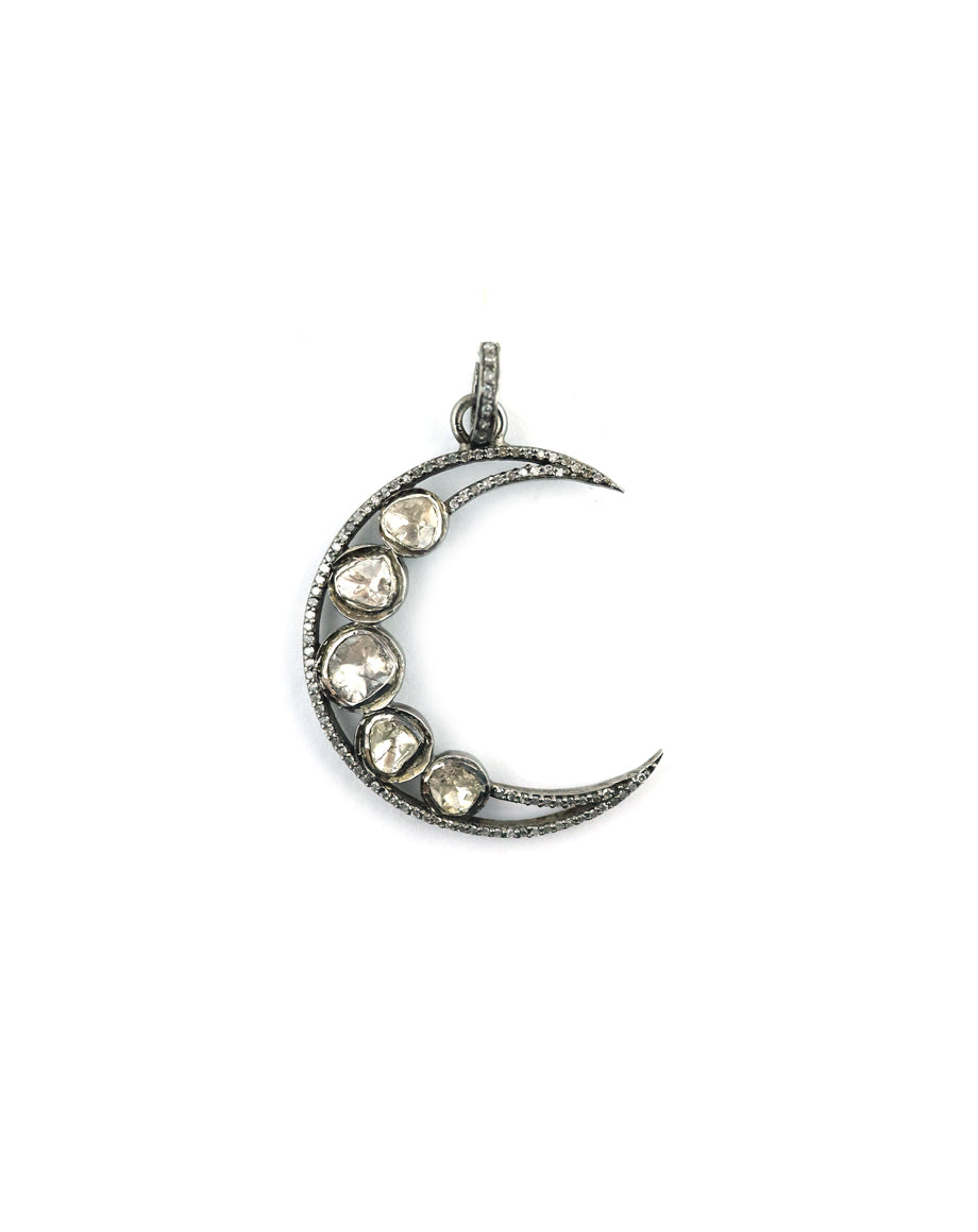 Large Silver Polki Diamond Crescent Moon Charm