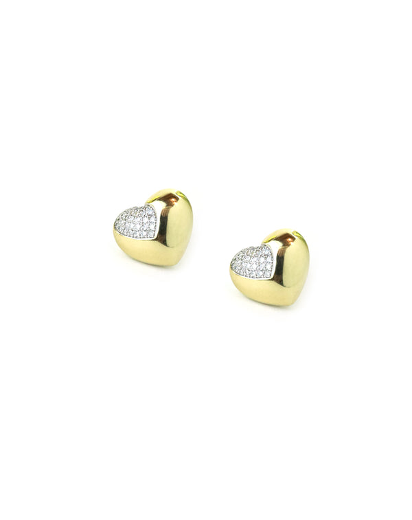 14K Gold Puffy Diamond Top Heart Studs