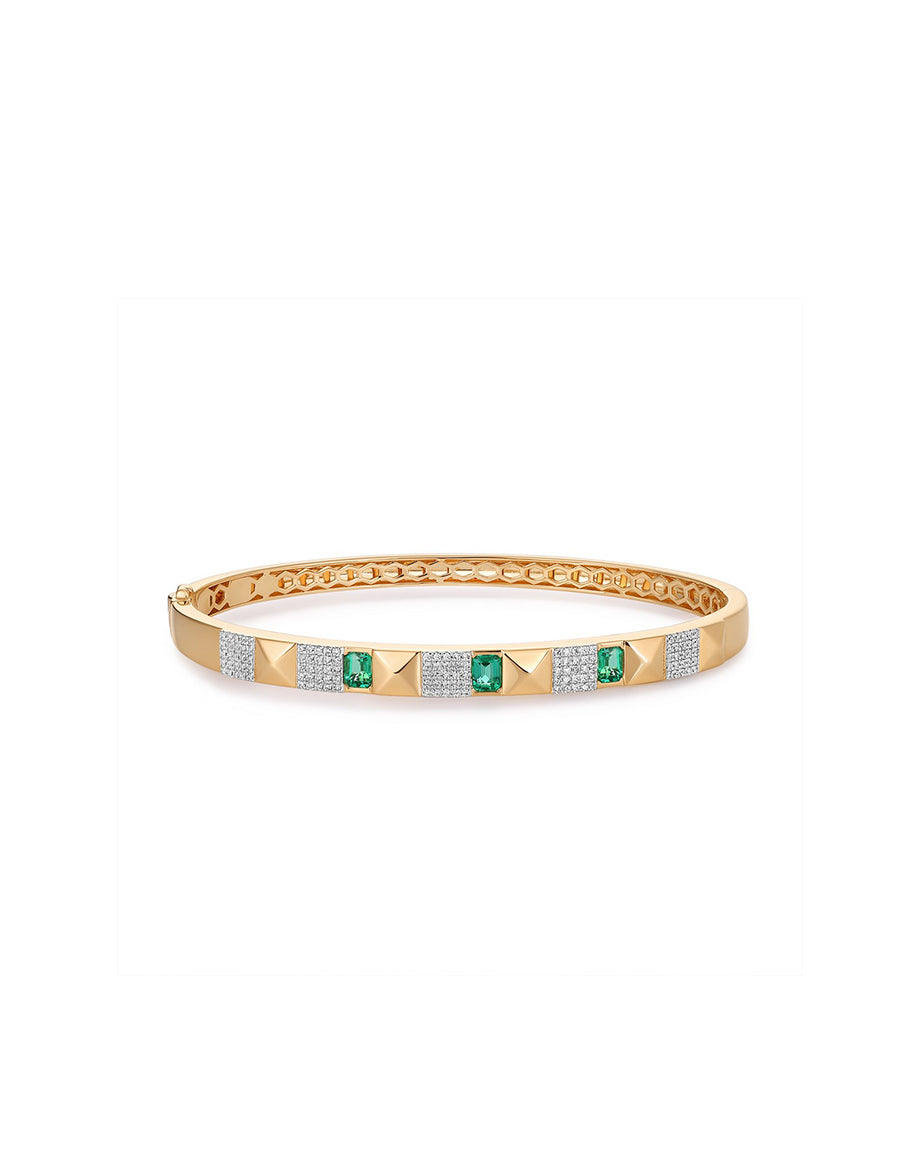 14K Gold Pyramid Diamond Emerald Bangle