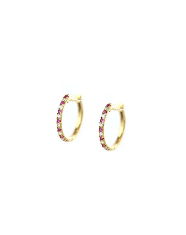 14K Gold 15mm Alternating Diamond Ruby Huggies