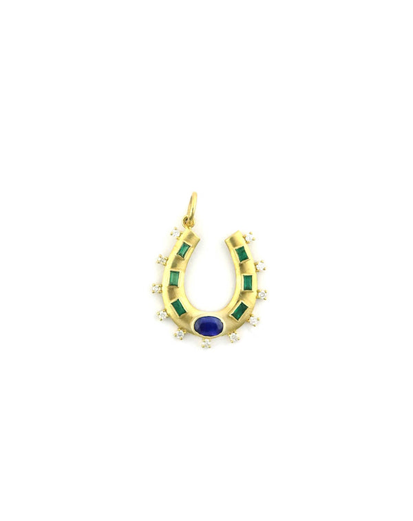 Diamond Edge 14K Gold Emerald & Oval Sapphire Horseshoe Charm