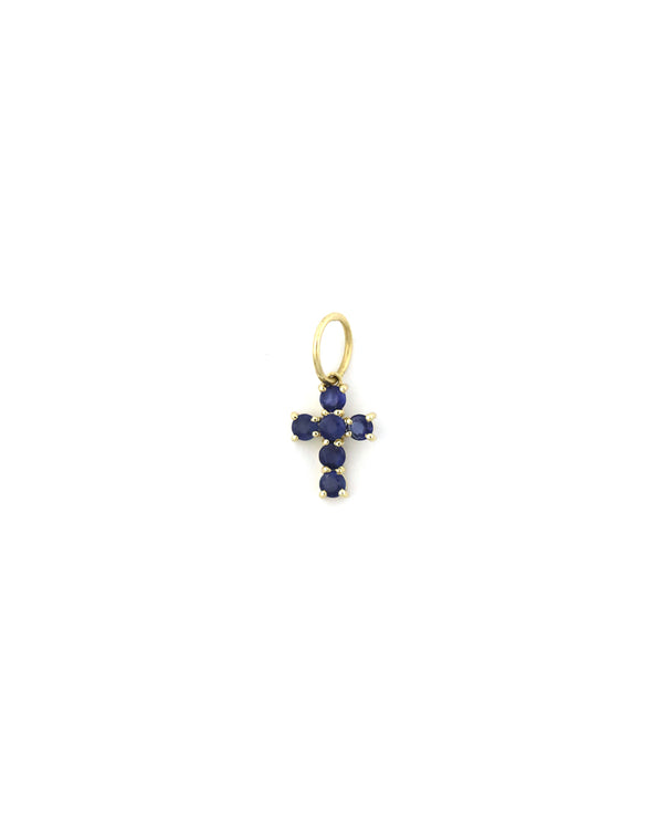 14K Gold Mini Blue Sapphire Cross Charm
