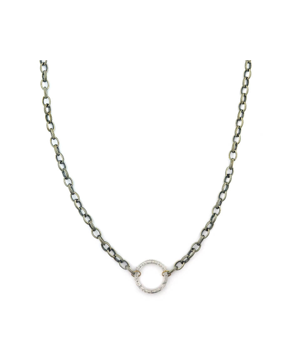 Silver Textured Oval Link 20mm Diamond Lock Necklace