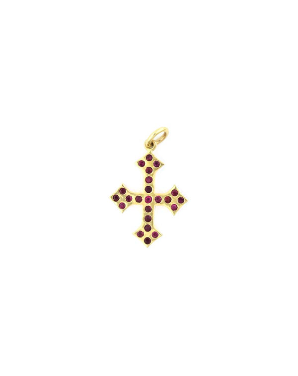 Small 14K Gold Ruby Gothic Cross Charm
