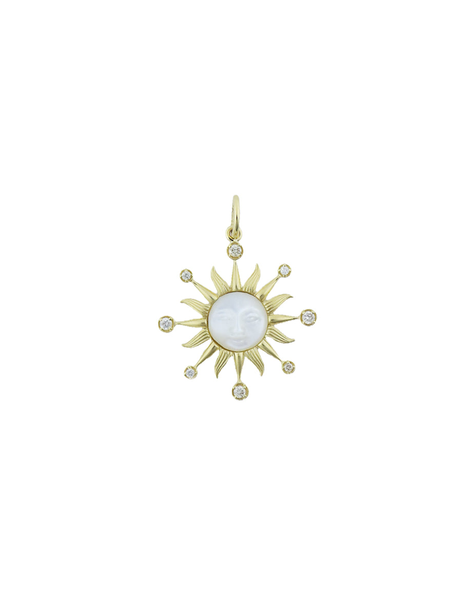 14K Gold Mother of Pearl Carved Sun Face Charm