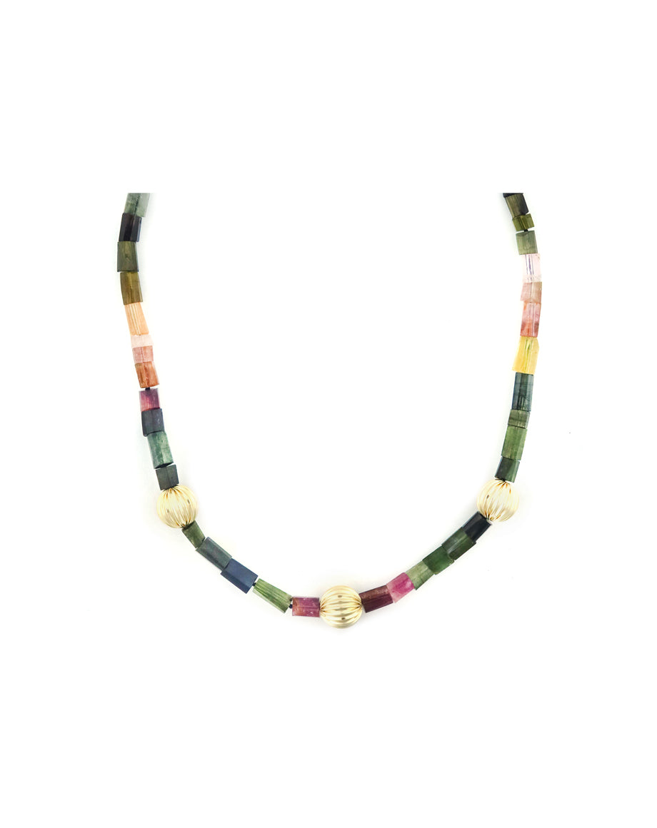 Watermelon Tourmaline Twisted Lantern Beaded Necklace