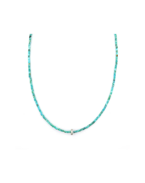 14K White Gold Diamond Spacer Tube Turquoise Necklace