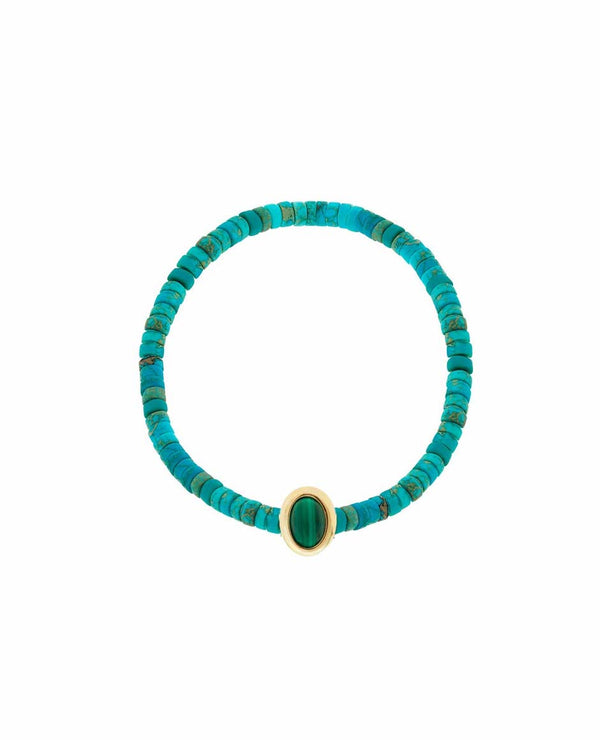 14K Gold Oval Cabochon Malachite Turquoise Stretchy