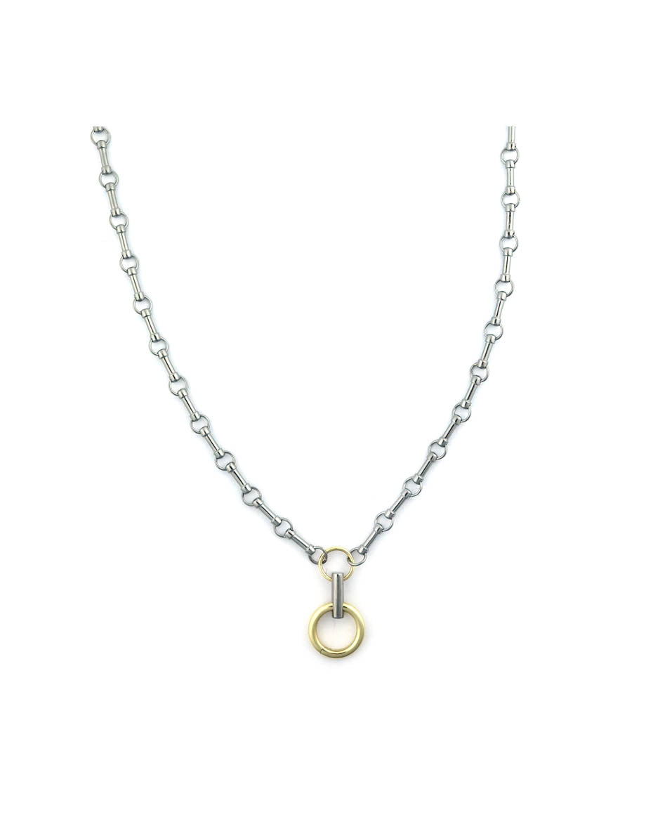 20" 14K Gold & Silver Bar + Round Link Lock Necklace