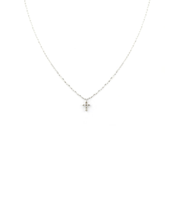 14K White Gold Tiny Diamond Cross Necklace