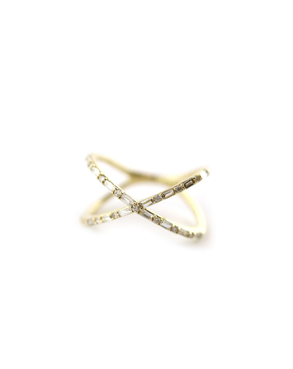 14K Gold .33ct Alternating Baguette Diamond X Ring