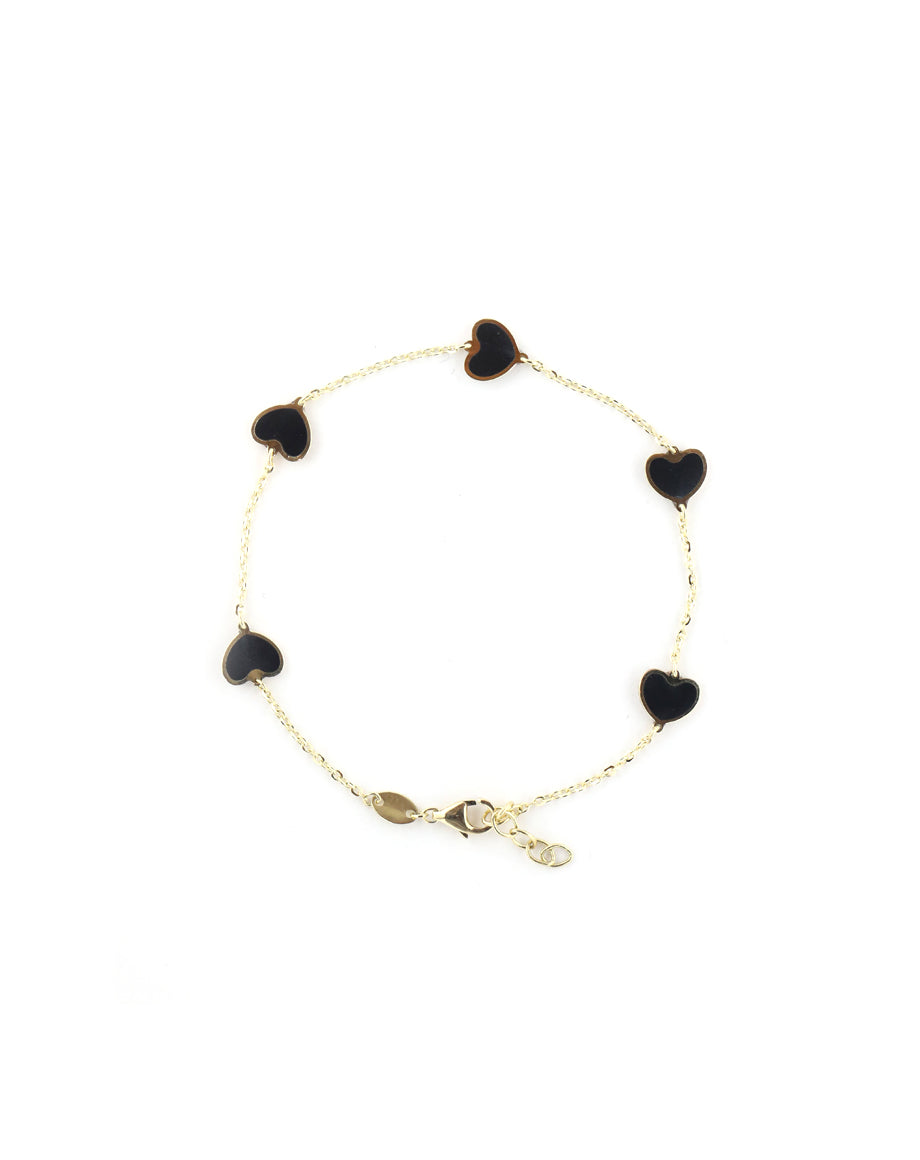 14K Gold Black Onyx Heart Station Bracelet