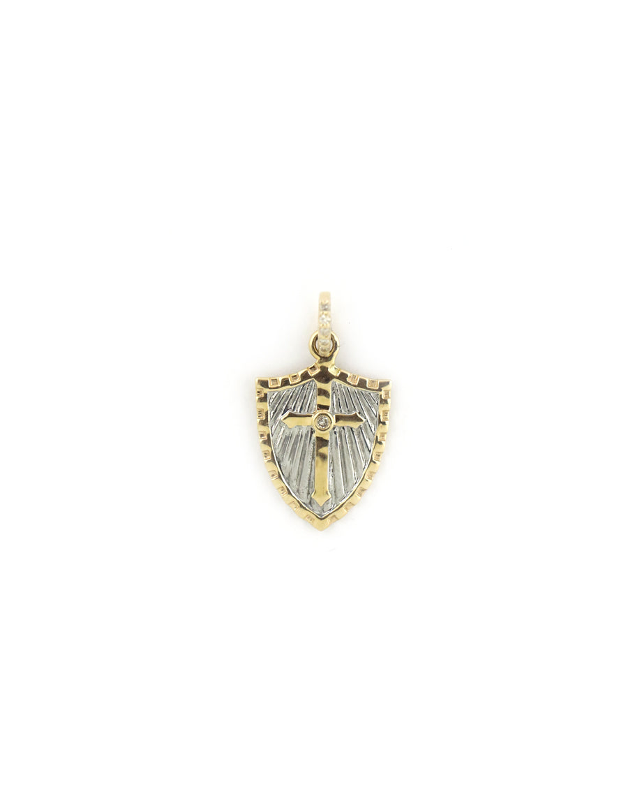 14K Two Tone Cross Shield Charm