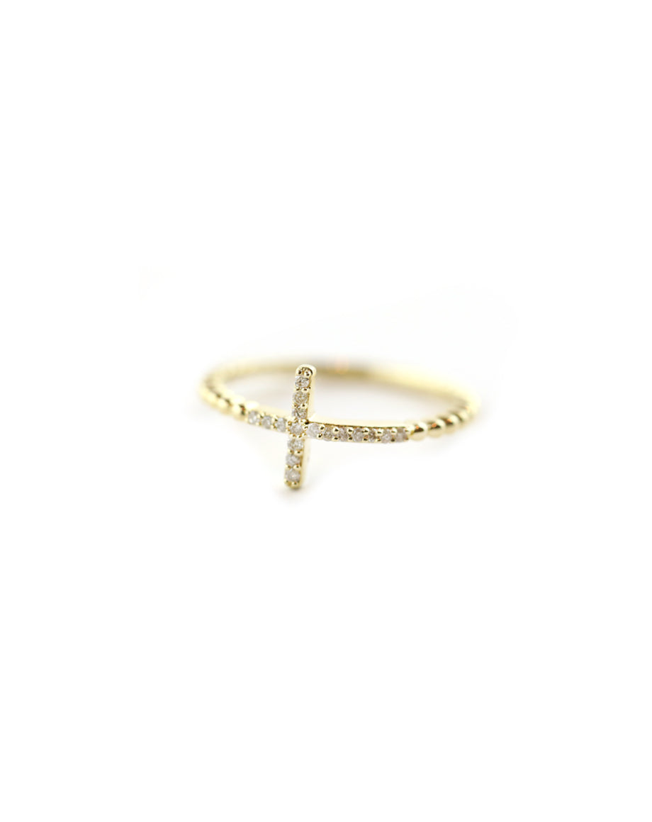 14K Gold Dotted Sideways Cross Diamond Ring