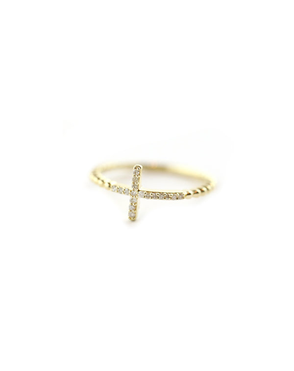 14K Gold Dotted Sideways Cross Diamond Ring