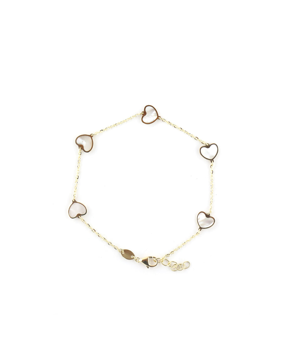 14K Gold Mother of Pearl Heart Station Bracelet