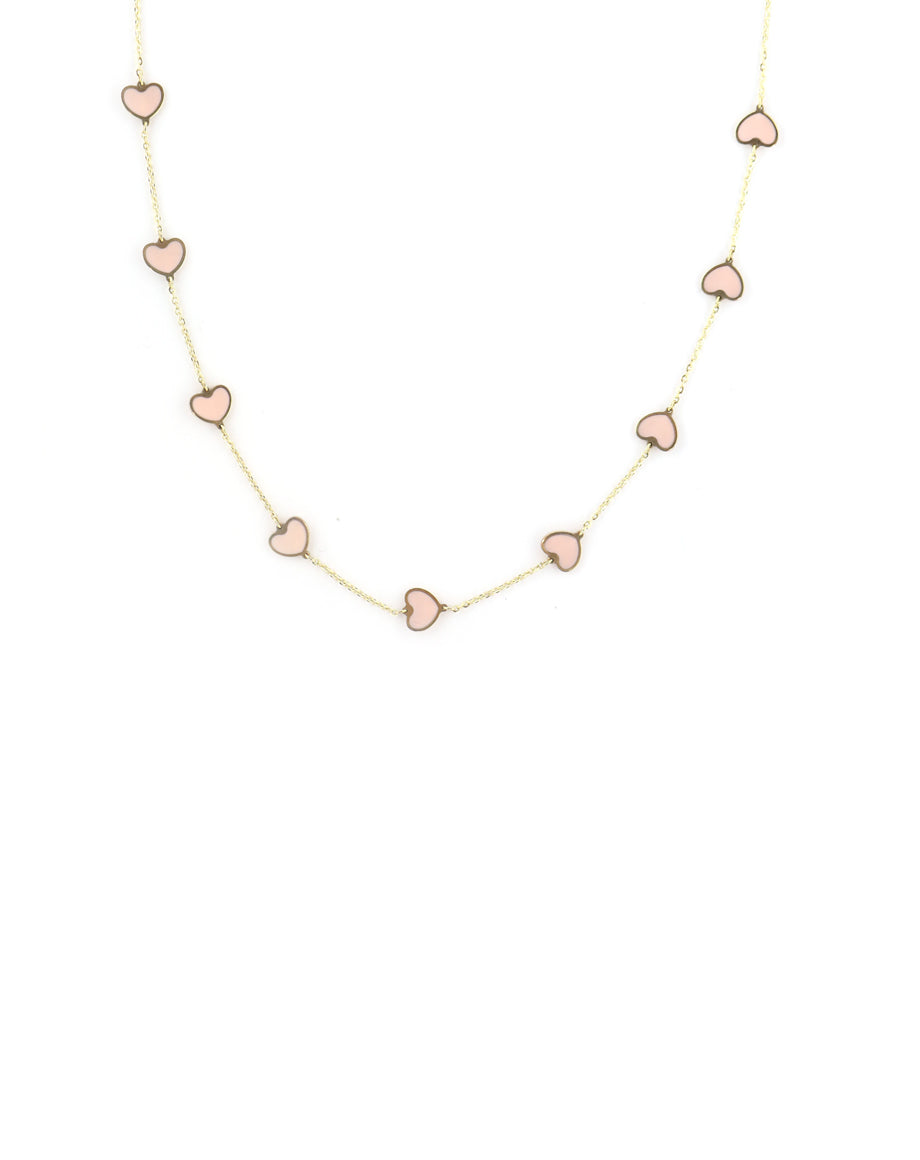 14K Gold Pink Opal Heart Station Necklace